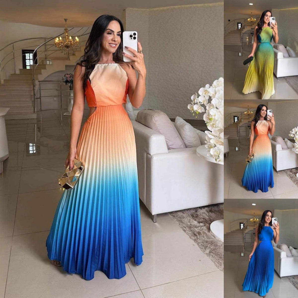 Damen Neckholder-Plissee-Kleid mit Farbverlauf
