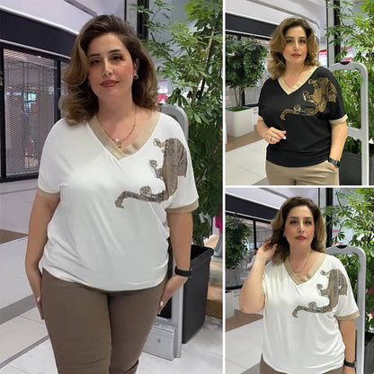 Damen lässiges elegantes Oberteil mit Druck und V-Ausschnitt