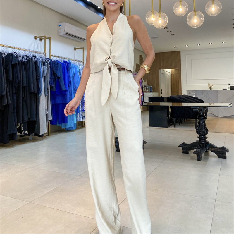 2er-Set: Ärmelloses Neckholder-Top und Hose mit weitem Bein und hoher Taille für Damen