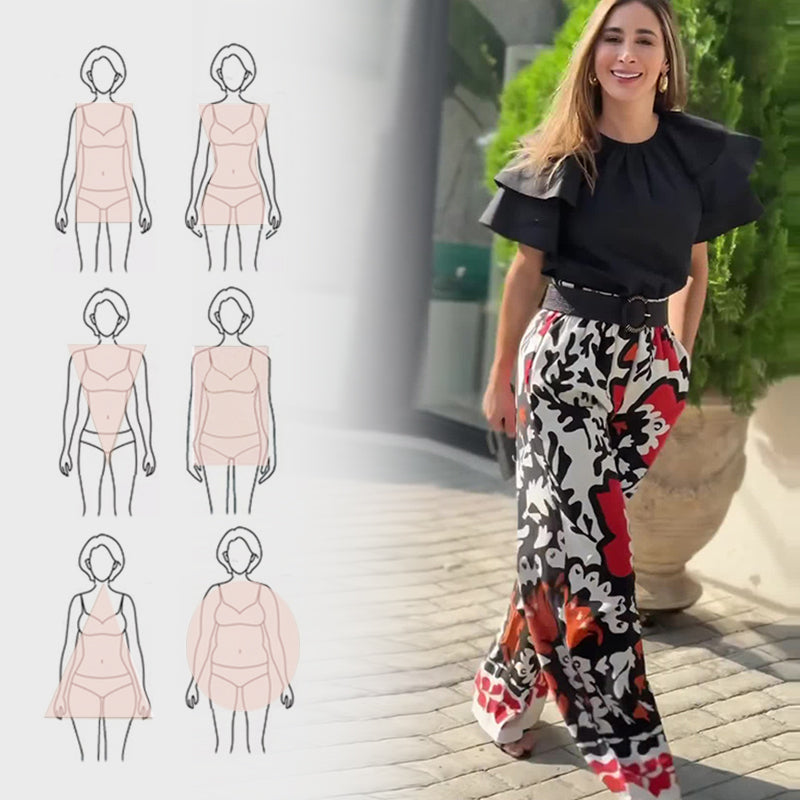 Damen-Set mit Kurzarmoberteilen und bedruckten Hosen mit Rüschen
