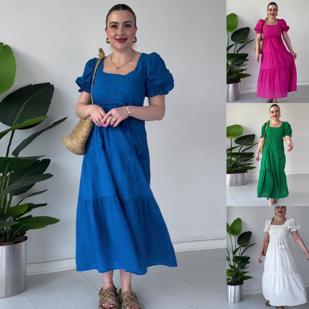 Fließendes Jacquard-Kleid mit quadratischem Ausschnitt für Damen