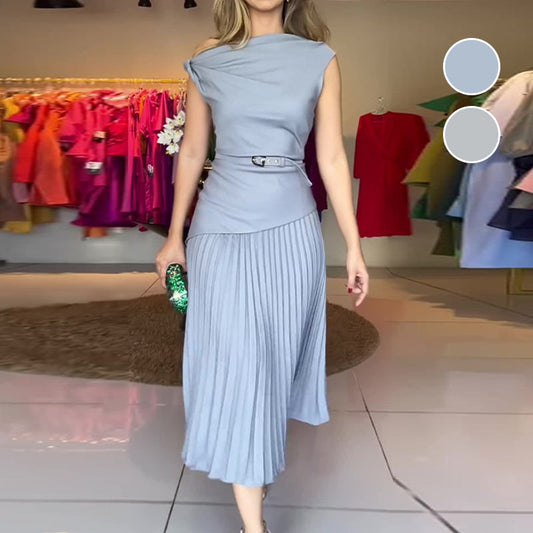 Damen Off-Shoulder Plisseekleid mit Gürtel