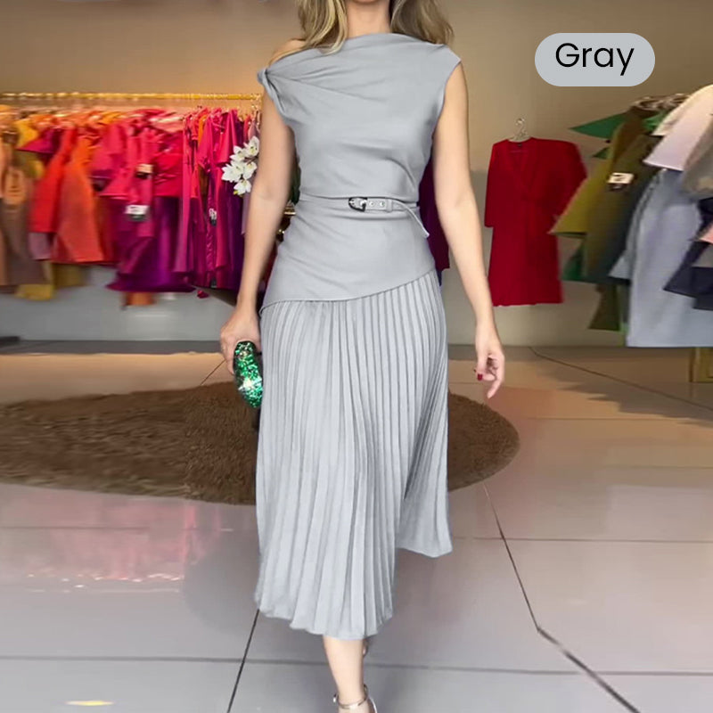 Damen Off-Shoulder Plisseekleid mit Gürtel