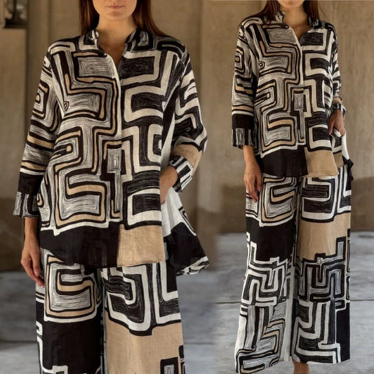 Trendiges zweiteiliges Set aus Oberteil und Hose mit geometrischem Aufdruck für Damen