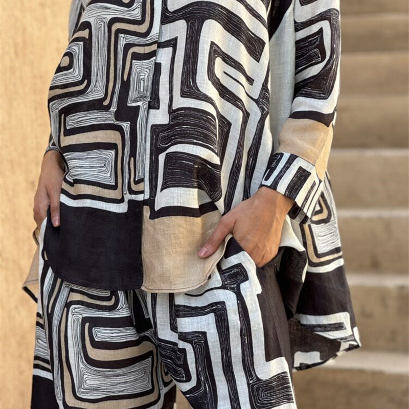 Trendiges zweiteiliges Set aus Oberteil und Hose mit geometrischem Aufdruck für Damen