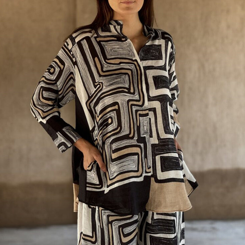 Trendiges zweiteiliges Set aus Oberteil und Hose mit geometrischem Aufdruck für Damen