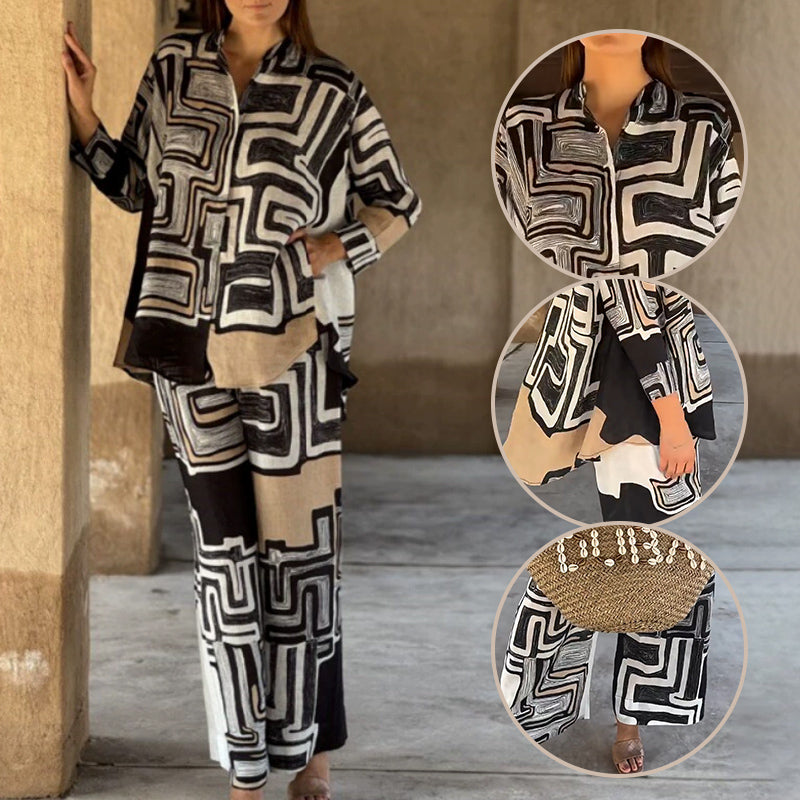 Trendiges zweiteiliges Set aus Oberteil und Hose mit geometrischem Aufdruck für Damen