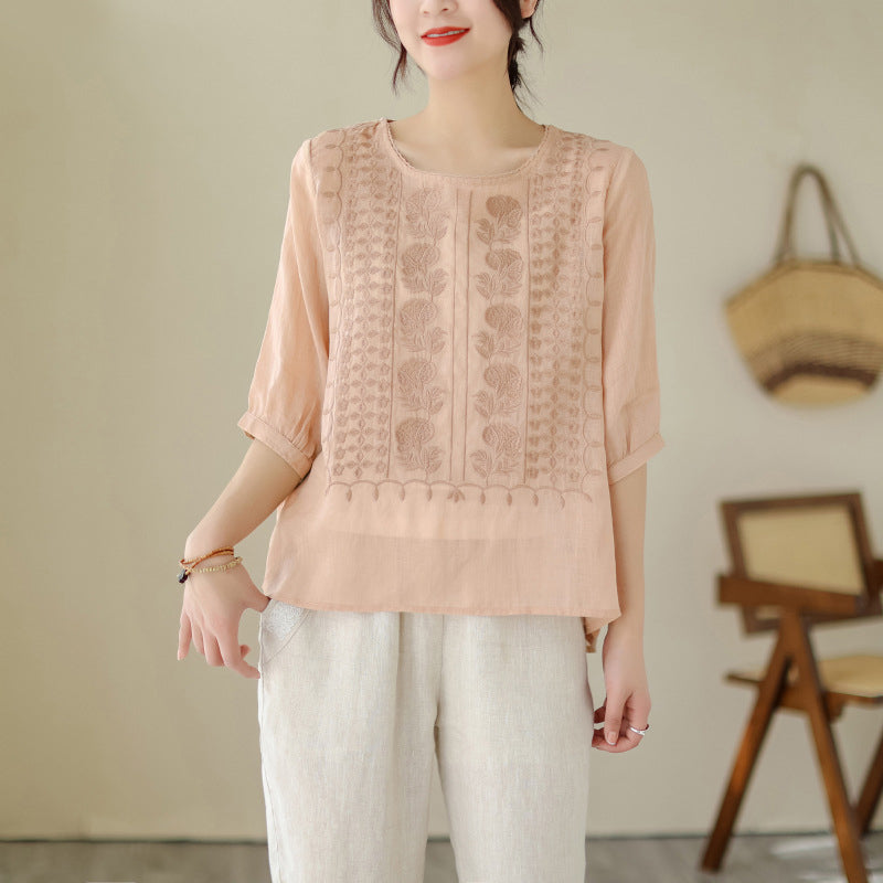 Damen-Shirt mit dünner Stickerei, atmungsaktiv, aus Baumwolle und Leinen, kurzärmelig, Rundhalsausschnitt