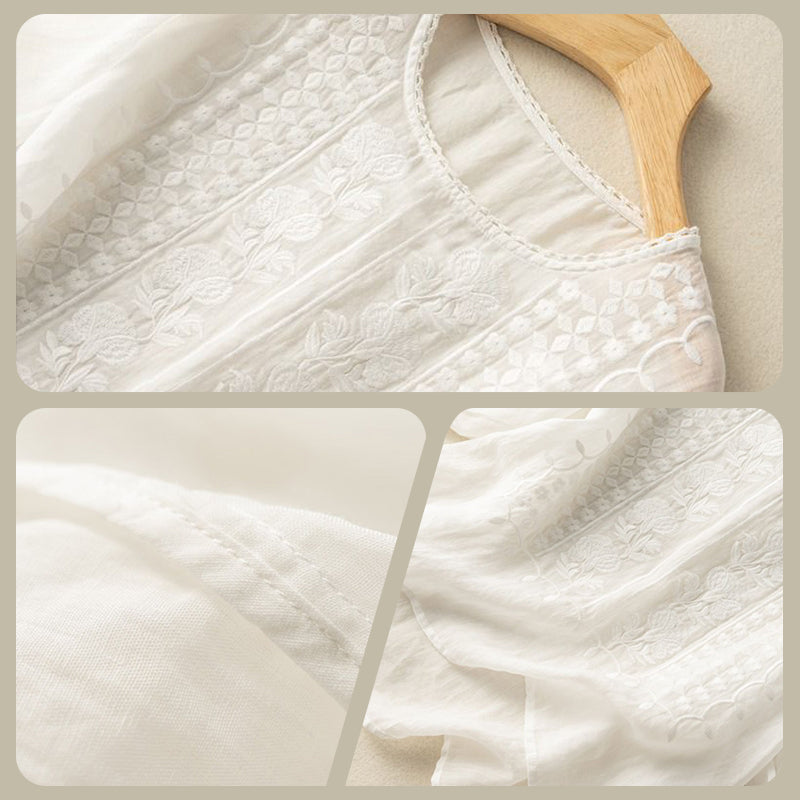Damen-Shirt mit dünner Stickerei, atmungsaktiv, aus Baumwolle und Leinen, kurzärmelig, Rundhalsausschnitt