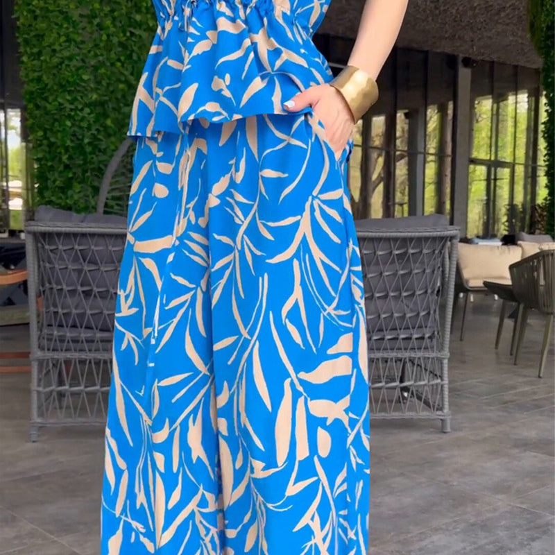 2-teiliges Set aus bedrucktem Hemd mit Bindegürtel und Hose mit weitem Bein