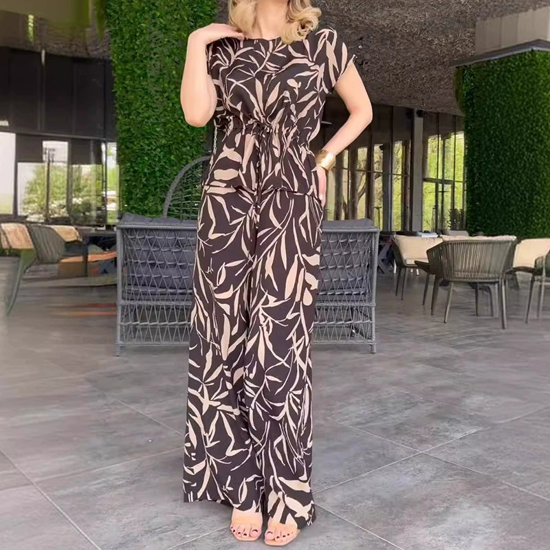 2-teiliges Set aus bedrucktem Hemd mit Bindegürtel und Hose mit weitem Bein