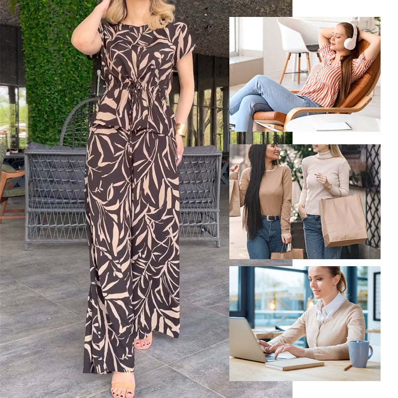 2-teiliges Set aus bedrucktem Hemd mit Bindegürtel und Hose mit weitem Bein