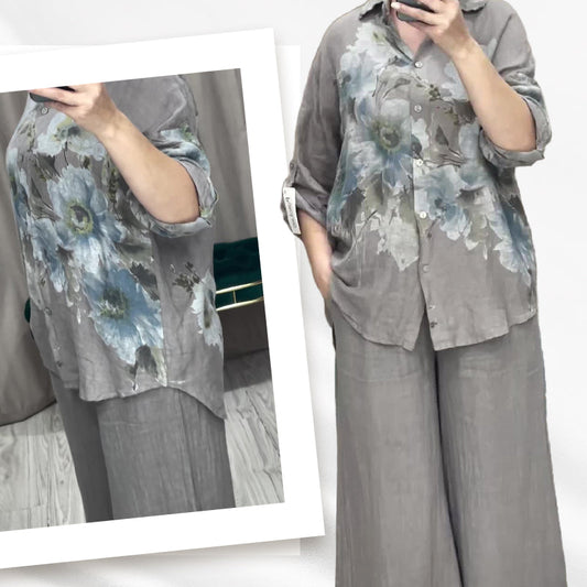 Elegantes Set aus Bluse und Hose mit Blumendruck und weitem Bein für Damen
