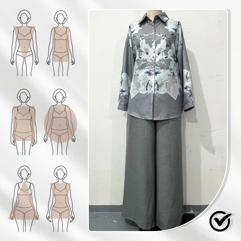Elegantes Set aus Bluse und Hose mit Blumendruck und weitem Bein für Damen