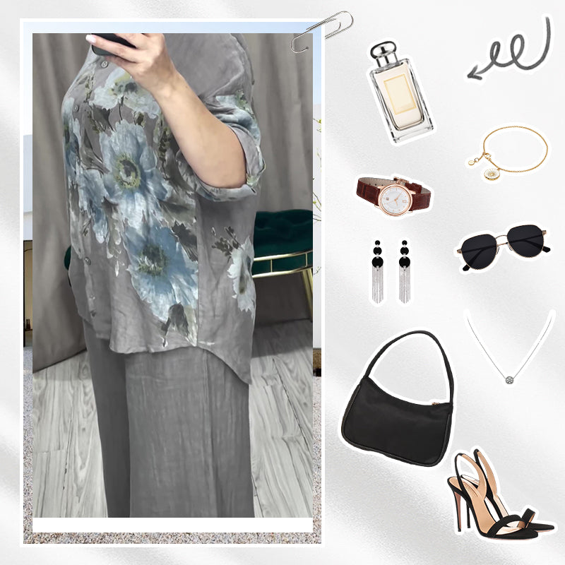 Elegantes Set aus Bluse und Hose mit Blumendruck und weitem Bein für Damen