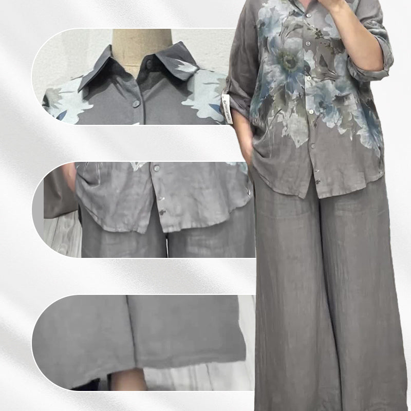 Elegantes Set aus Bluse und Hose mit Blumendruck und weitem Bein für Damen