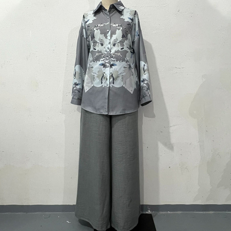 Elegantes Set aus Bluse und Hose mit Blumendruck und weitem Bein für Damen