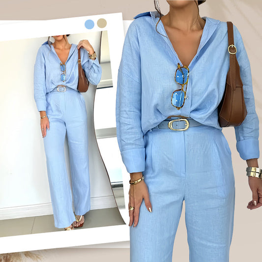 Minimalistisches Button-Down-Shirt mit passender Hose mit weitem Bein für Damen