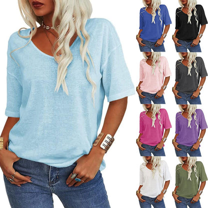 👕🔥 Unifarbenes Damen-T-Shirt mit V-Ausschnitt – 50% RABATT! Weich, atmungsaktiv & perfekt für Alltag, Büro & Freizeit 🌿