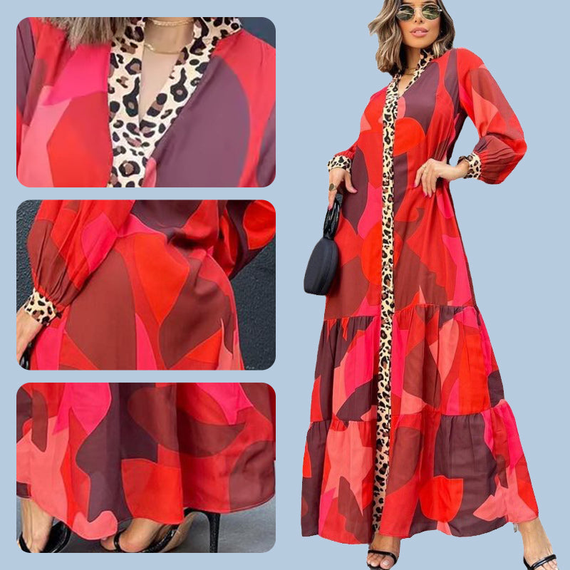 Langärmliges Maxikleid mit lebhaftem Print und Leopardenbesatz