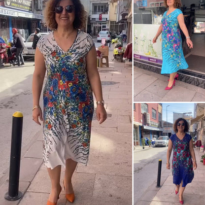 Fließendes Damenkleid mit Print und V-Ausschnitt