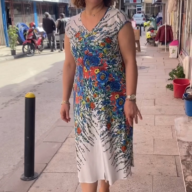 Fließendes Damenkleid mit Print und V-Ausschnitt