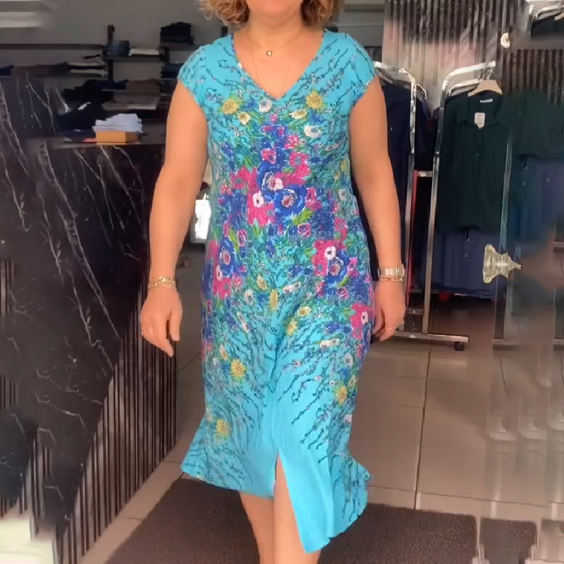 Fließendes Damenkleid mit Print und V-Ausschnitt