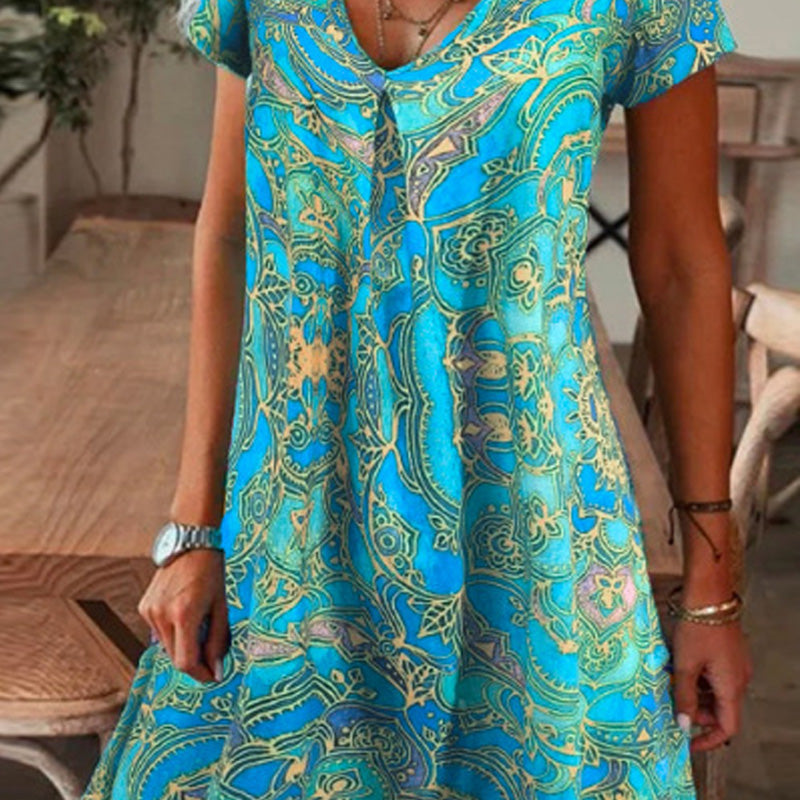 Damen elegantes Langarmkleid mit Blumenmuster und V-Ausschnitt