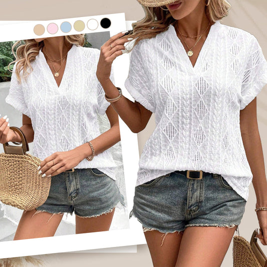 Lockeres Jacquard-Shirt mit V-Ausschnitt und kurzen Ärmeln für Damen