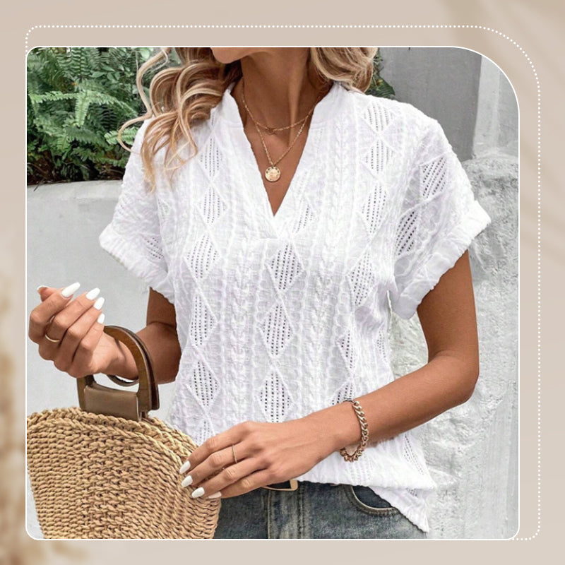 Lockeres Jacquard-Shirt mit V-Ausschnitt und kurzen Ärmeln für Damen