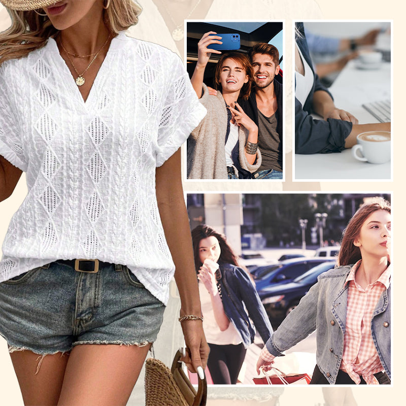 Lockeres Jacquard-Shirt mit V-Ausschnitt und kurzen Ärmeln für Damen