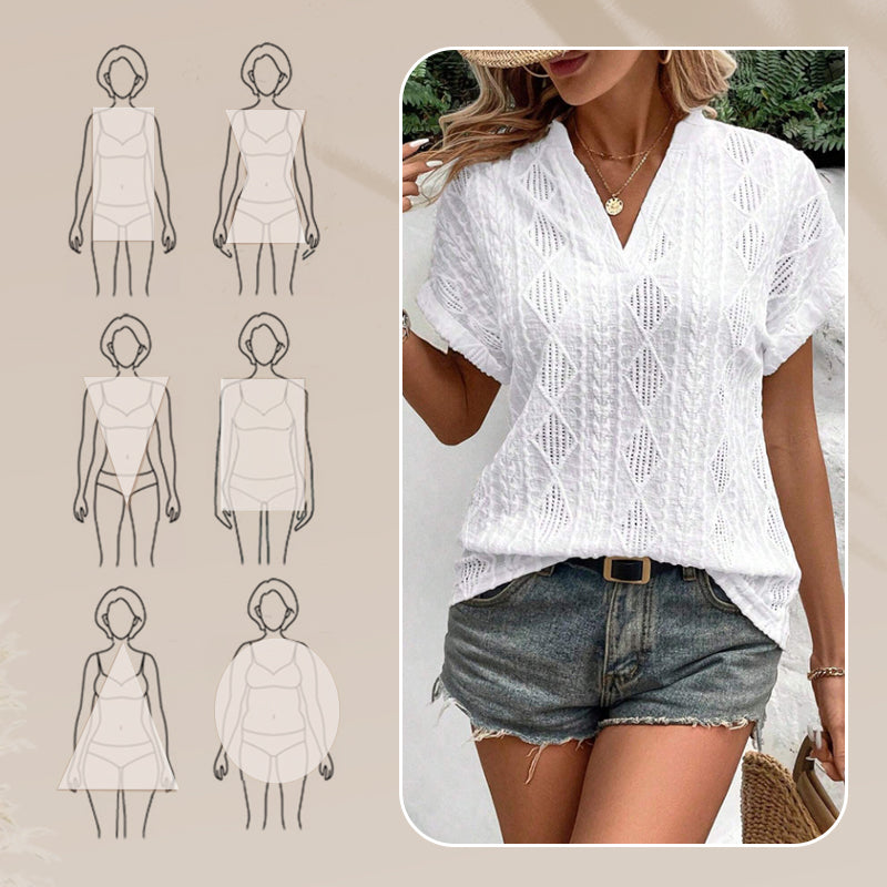 Lockeres Jacquard-Shirt mit V-Ausschnitt und kurzen Ärmeln für Damen