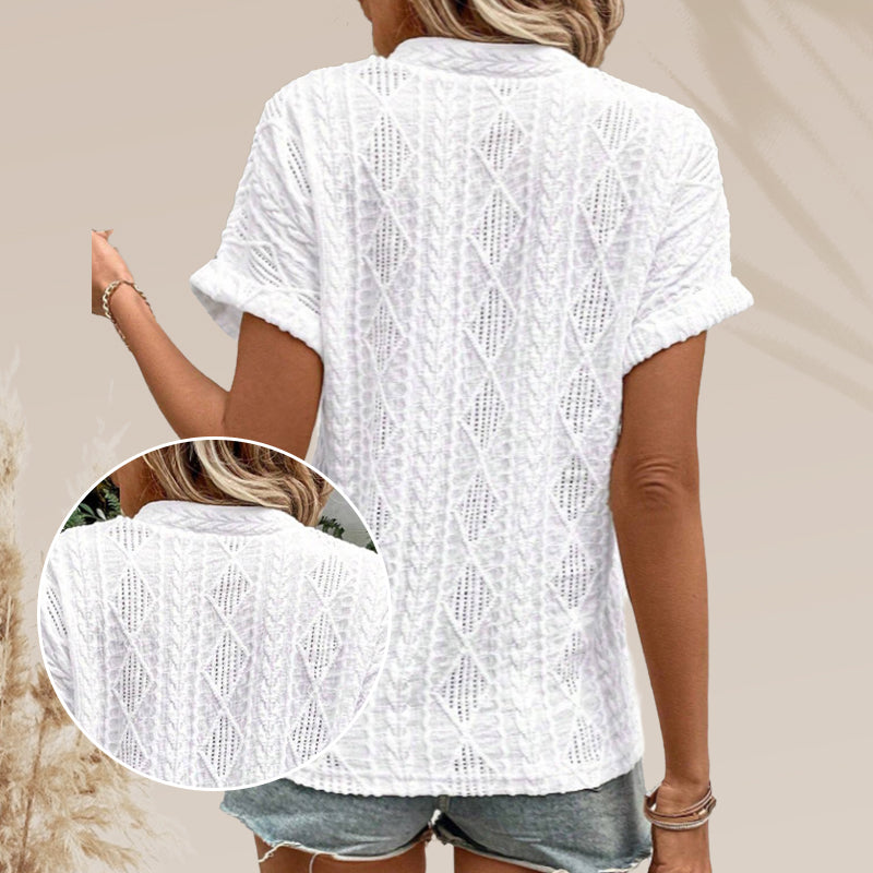Lockeres Jacquard-Shirt mit V-Ausschnitt und kurzen Ärmeln für Damen