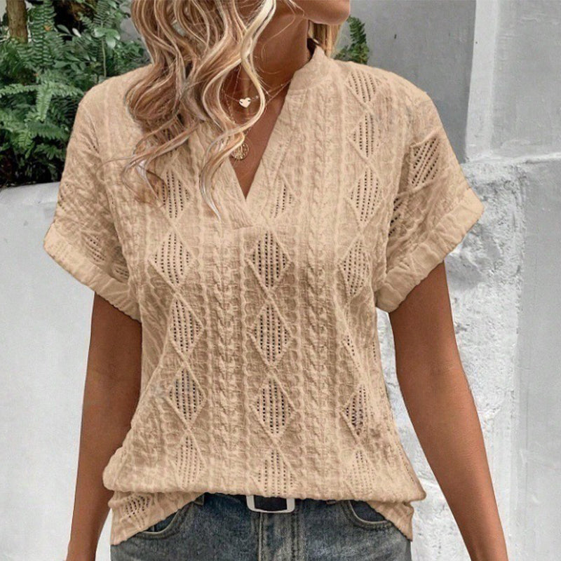 Lockeres Jacquard-Shirt mit V-Ausschnitt und kurzen Ärmeln für Damen