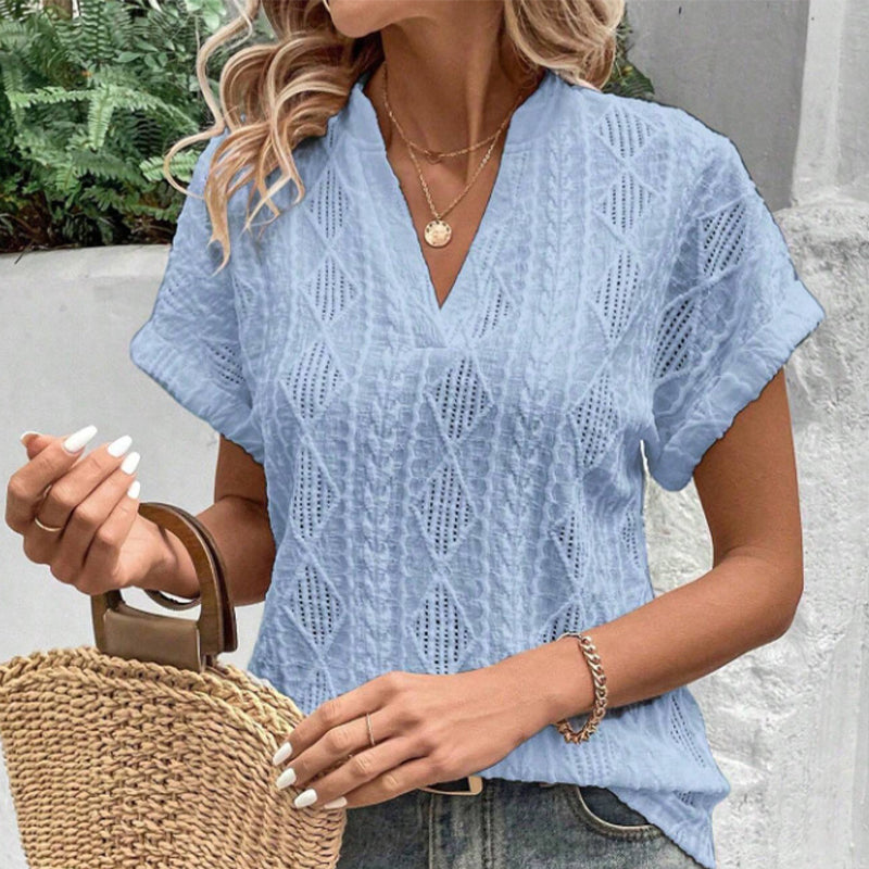 Lockeres Jacquard-Shirt mit V-Ausschnitt und kurzen Ärmeln für Damen
