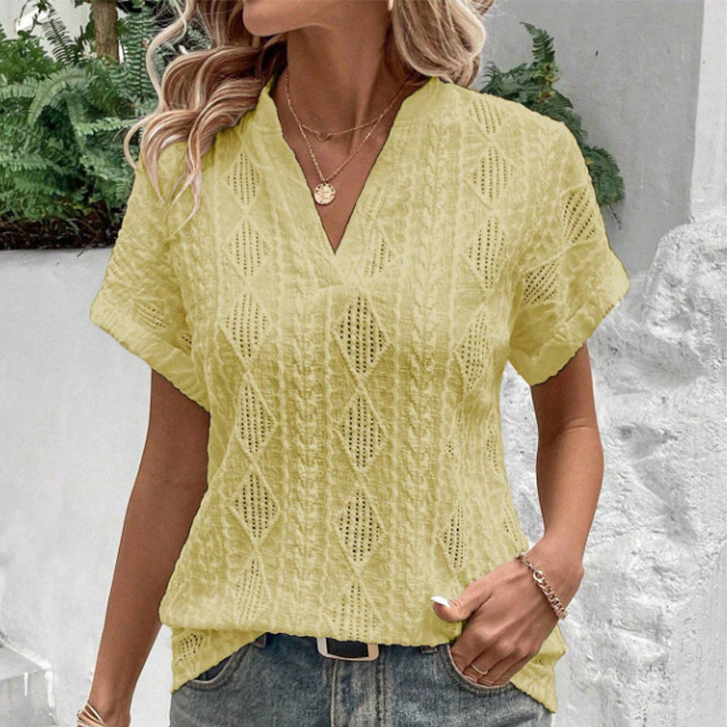 Lockeres Jacquard-Shirt mit V-Ausschnitt und kurzen Ärmeln für Damen