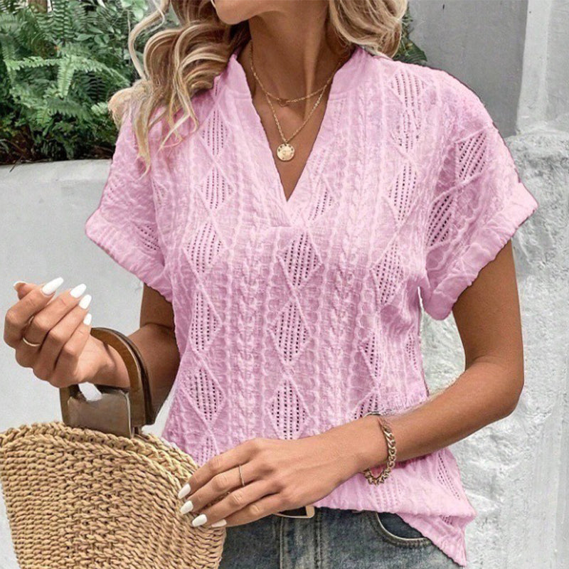 Lockeres Jacquard-Shirt mit V-Ausschnitt und kurzen Ärmeln für Damen