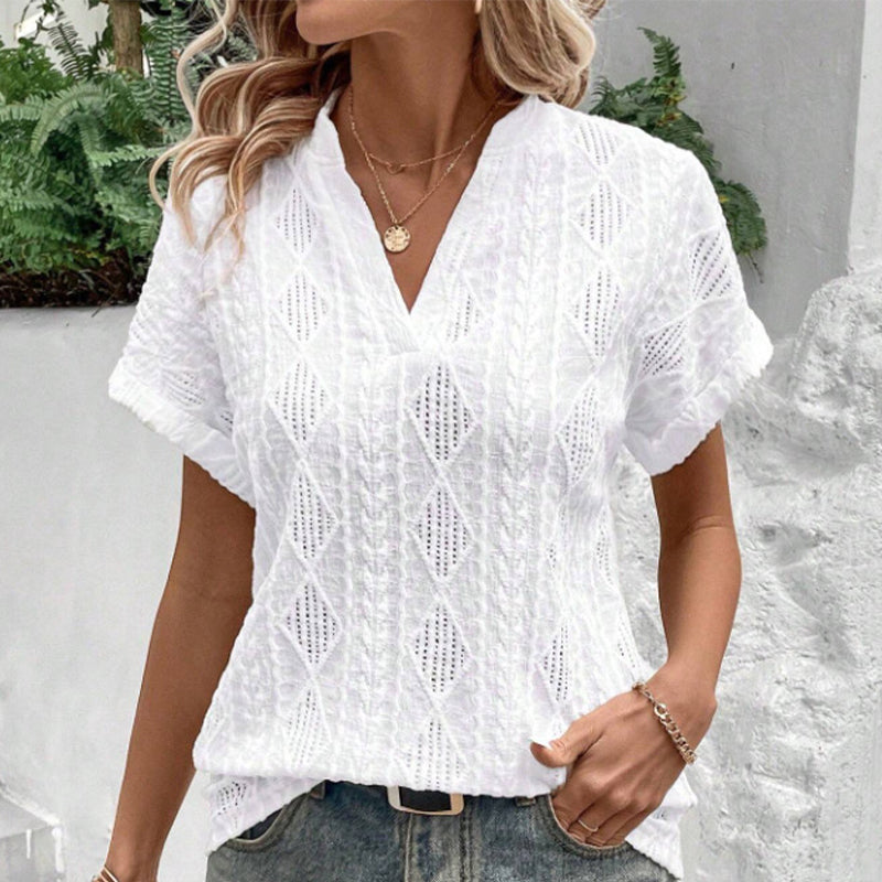 Lockeres Jacquard-Shirt mit V-Ausschnitt und kurzen Ärmeln für Damen