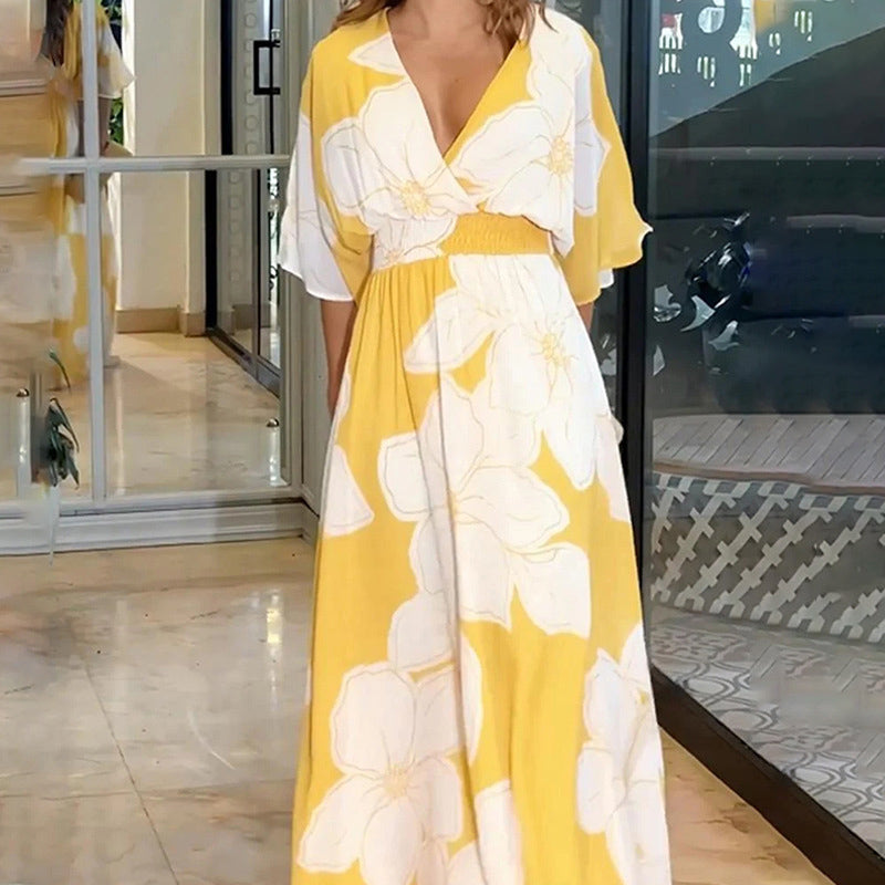 Bedrucktes, rückenfreies, locker fließendes Strandkleid für Frauen