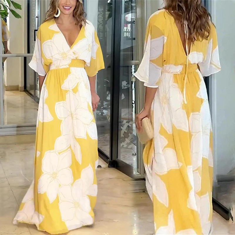 Bedrucktes, rückenfreies, locker fließendes Strandkleid für Frauen