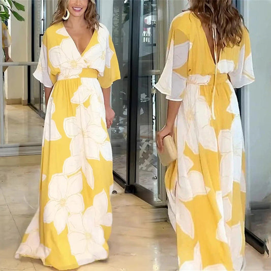 Bedrucktes, rückenfreies, locker fließendes Strandkleid für Frauen