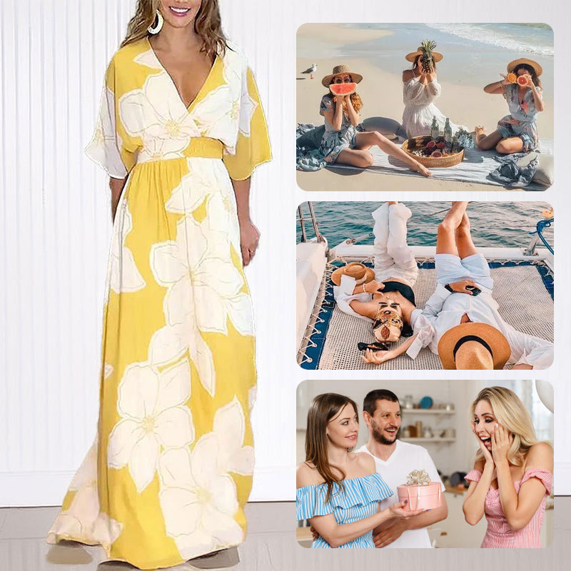 Bedrucktes, rückenfreies, locker fließendes Strandkleid für Frauen