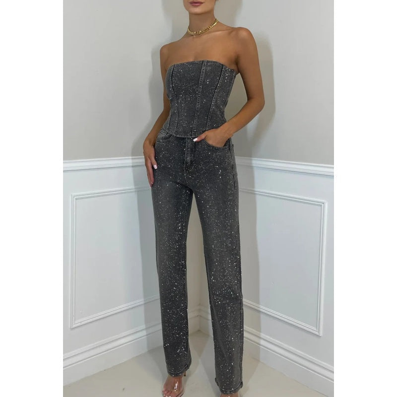 2-teiliges Set aus Glitzeroberteil und -hose für Damen