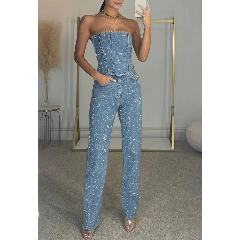 2-teiliges Set aus Glitzeroberteil und -hose für Damen