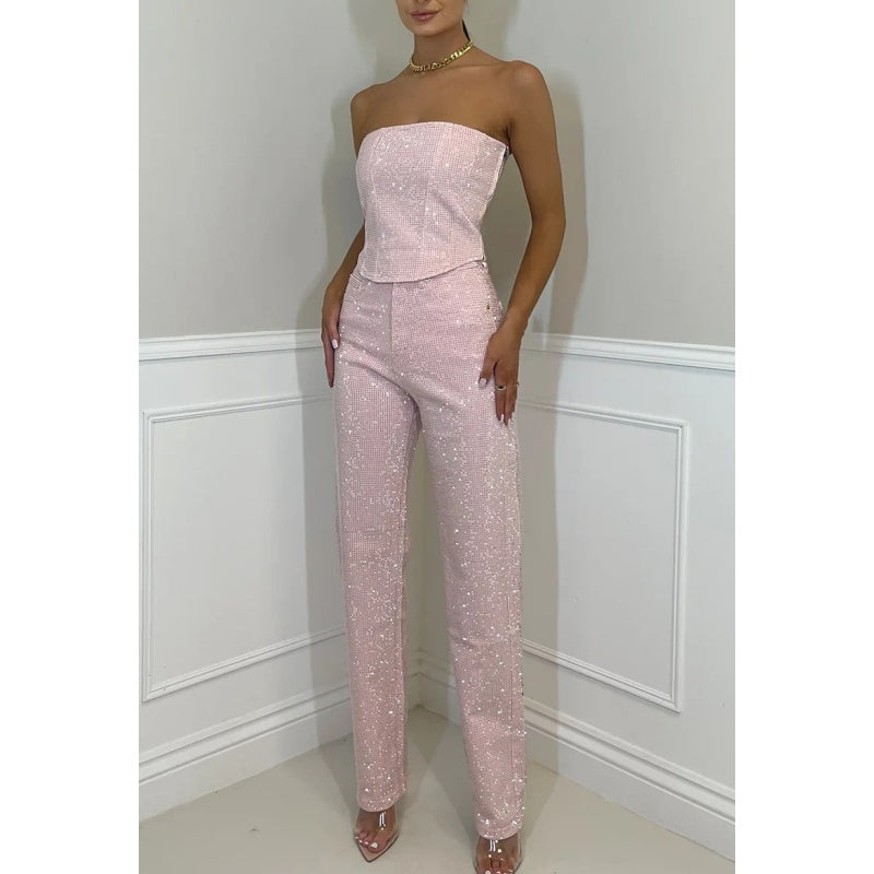 2-teiliges Set aus Glitzeroberteil und -hose für Damen