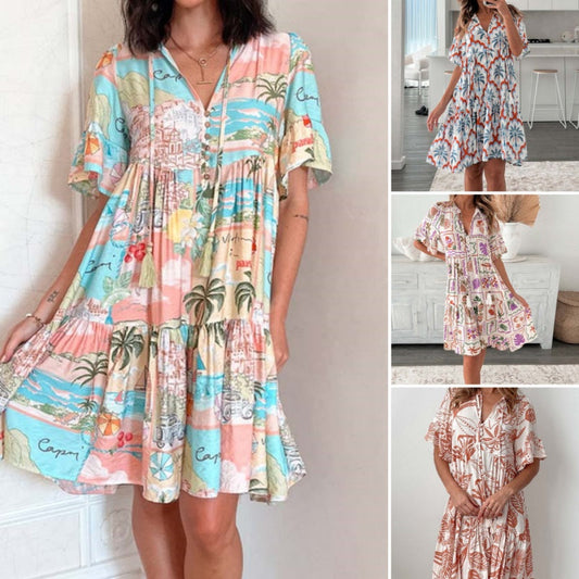 Damenmode V-Ausschnitt Kurzarm Kleider mit Blumendruck