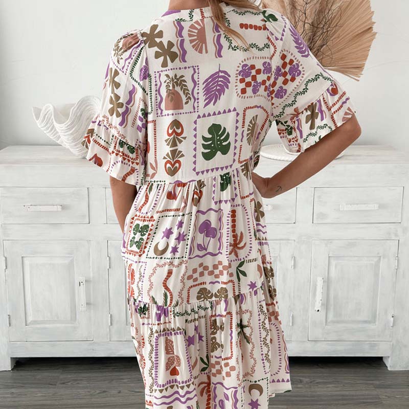 Damenmode V-Ausschnitt Kurzarm Kleider mit Blumendruck