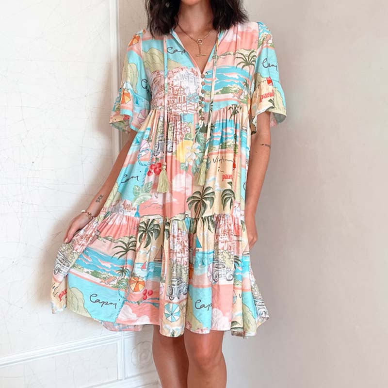 Damenmode V-Ausschnitt Kurzarm Kleider mit Blumendruck