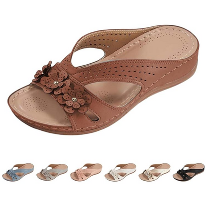 Damen-Sandale aus Leder mit Blumenmuster