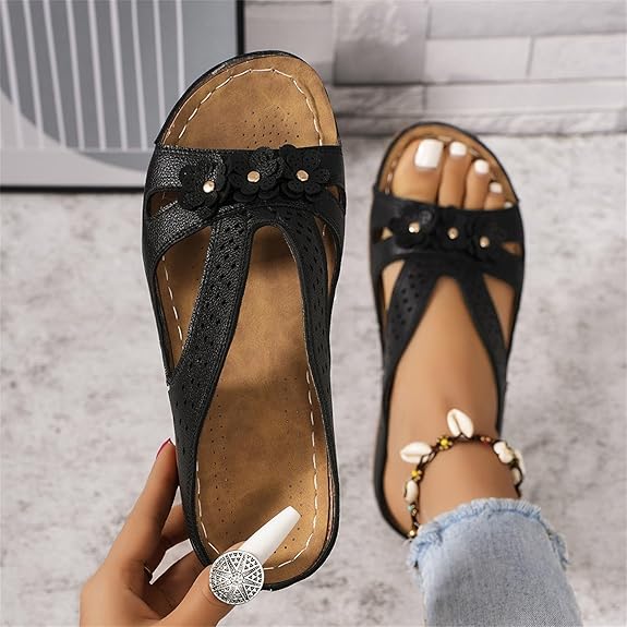 Damen-Sandale aus Leder mit Blumenmuster